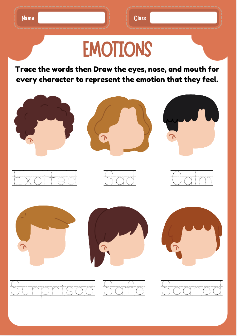Emotions & Feelings — Trace the words and draw expressive little faces.