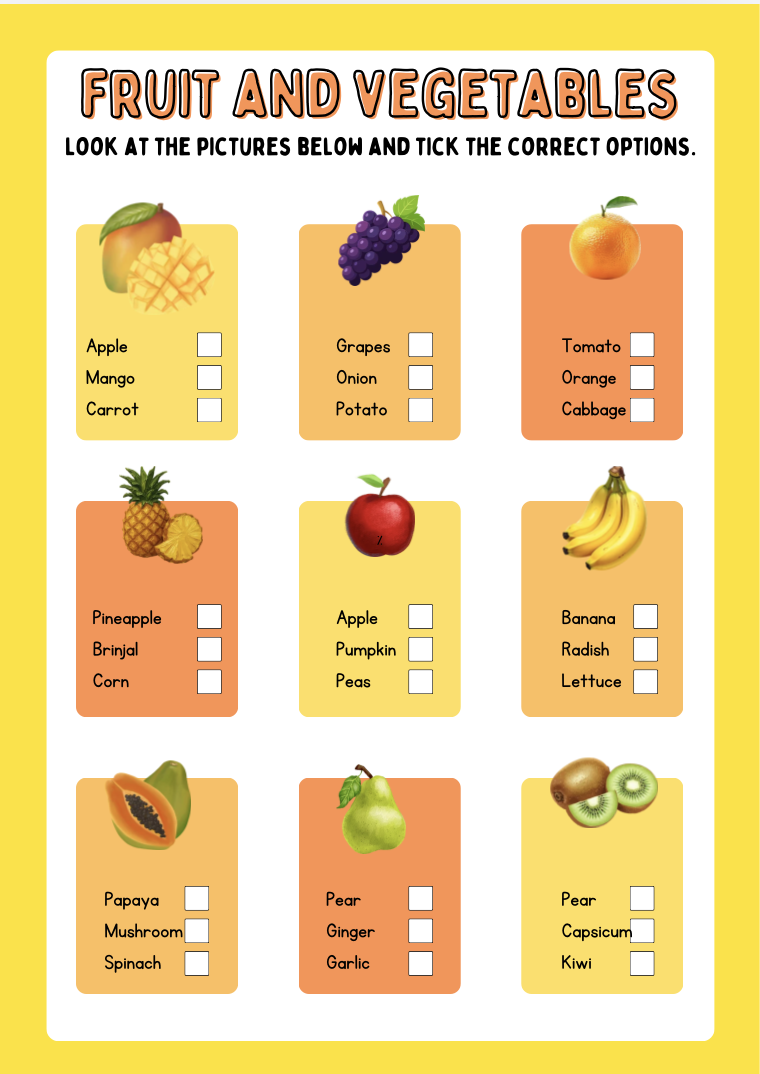 Fruit & Vegetables — Look at the pictures and tick the correct options.