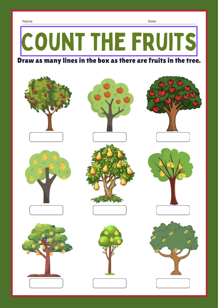 Count the Fruits — Draw lines in the box to match fruit on the tree.