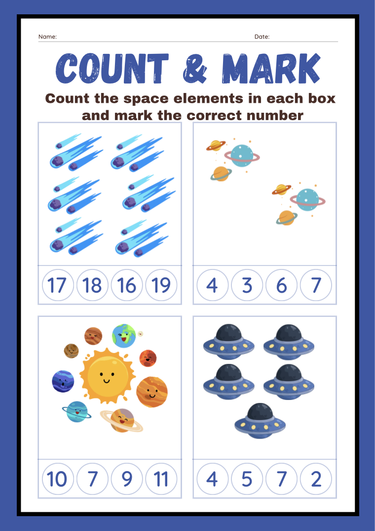 Count & Mark — Count space elements and mark the correct number.